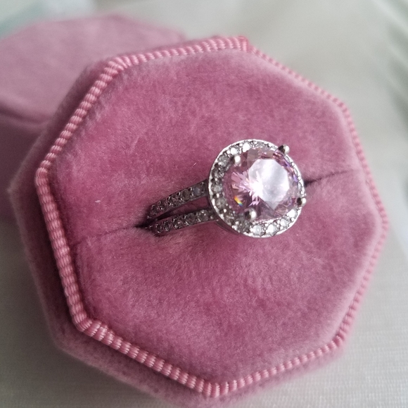 Swarovski Elements 925 Sterling Silver Round Pink Solitaire Halo Ring NEW - Picture 11 of 17